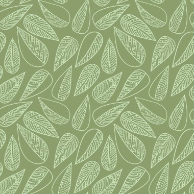 Yeşil arka planda beyaz dekoratif karalama yaprakları. Çizgi çizgisi, ağaç yaprağı, kusursuz desenli. Vektör illüstrasyonu