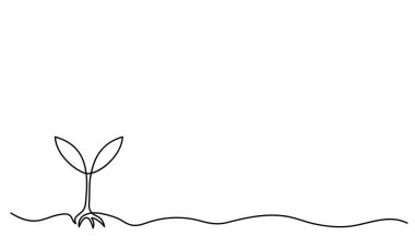 Sprout with roots in the ground. One continuous line spring growing sprout background. Environmental protection concept, eco natural farm concept, Earth day. Vector illustration