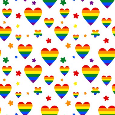 Gökkuşağı çizgili kalpler ve renkli çiçekler. LGBT Gurur Ayı için kusursuz desen. Vektör illüstrasyonu