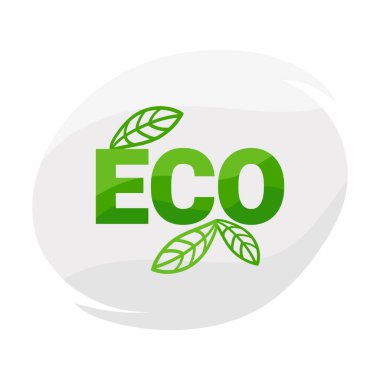Yapraklı eko logo. Soyut bir şekil ve yeşil bir yaprağın gri arka planına Eko 'yu yaz. Vektör illüstrasyonu
