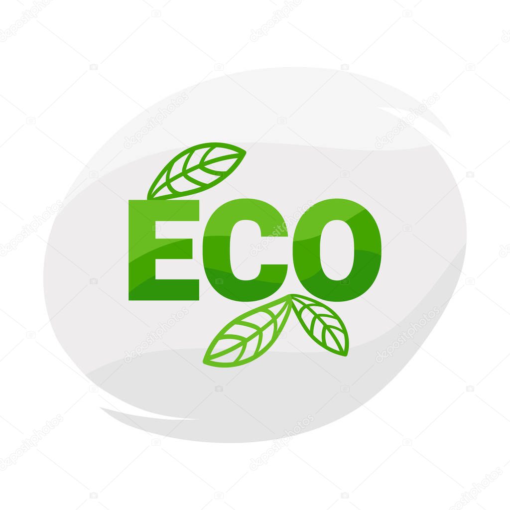 Eco logo with leaf. Text Eco on the gray background of an abstract shape and a green leaf. Vector illustration
