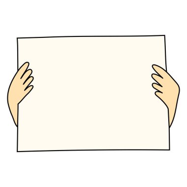 Elleri boş bir poster tutuyor. Duyurular, protestolar ve ifadeler için kopya alanı olan karalama çizimleri. Vektör illüstrasyonu