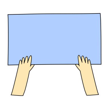 Elleri kağıt ya da poster tutuyordu. Basit vektör resimlemesini karala