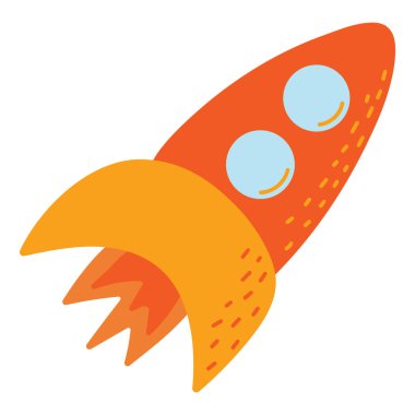 Çocuk çizimleri için karalama tarzında uzay roketi. Çocuk yuvası için dekor unsuru, ölçüler, posterler, kıyafetler. Vektör illüstrasyonu