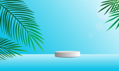 Palmiye yapraklarıyla mavi arkaplanda sunum için podyum. Beyaz peronlu soyut minimal sahne. Vektör illüstrasyonu