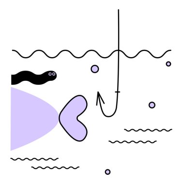Solucan yemi dolu bir balık boş bir kancadan yüzerek uzaklaşır. Mizahi düz çizgi çizimi. Ulusal balık tutma günü. Uluslararası Balıkçılar Günü. Vektör illüstrasyonu