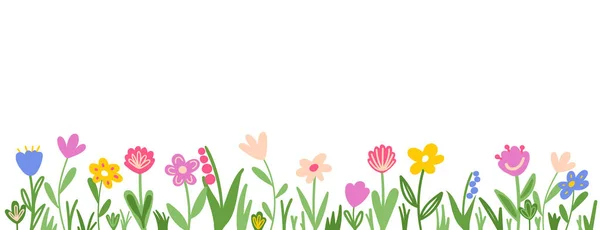 Καλοκαιρινό Πανό Πράσινο Γρασίδι Και Αγριολούλουδα Doodle Λουλούδι Λευκό Φόντο — Διανυσματικό Αρχείο