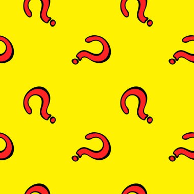 Soru işaretleri kusursuz desen. Sarı arka planda klasik kırmızı karalama sorusu. Vektör illüstrasyonu