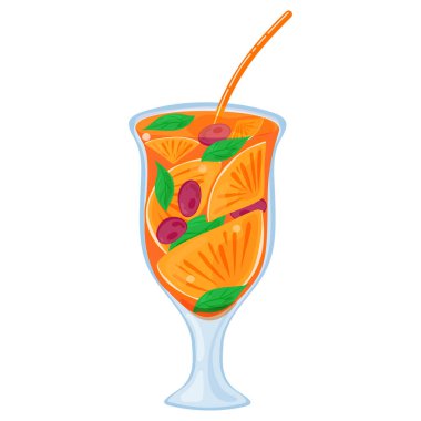 Bir bardak portakal, nane ve böğürtlenli tropik kokteyl. Vektör illüstrasyonu