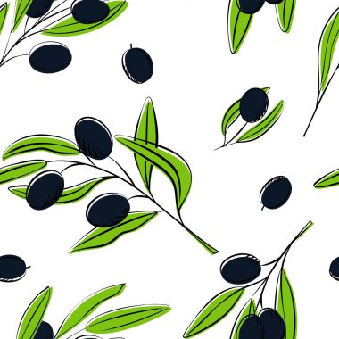 Zeytinsiz desen. Dallarda mavi-siyah zeytin. Tekstil, kağıt ve etiketler için dekoratif doku arka planı. Vektör illüstrasyonu