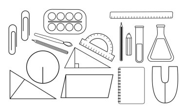 Okul temasındaki simgeler. Test tüpleri, matematik ve geometrik figür, spiral defter, cetvel, açıölçer, boyalar, fırça, kalem, kalem, mıknatıs, ataç. Vektör illüstrasyonu