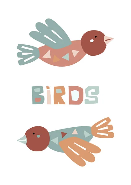 Pássaros Engraçados Decorativos Cartão Infantil Cartas Cortadas Ilustração Vetorial — Vetor de Stock