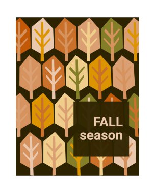 Kesilmiş renkli ağaçlarla dolu sonbahar arkaplanları. Sonbahar yaprakları posteri. Soyut şablon kartı, el ilanı, sosyal medya, satış afişi. Vektör illüstrasyonu