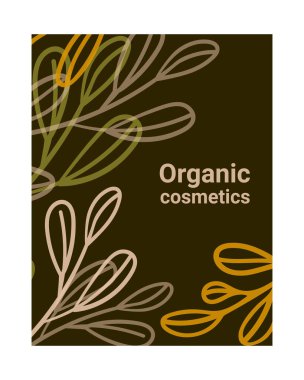 Kahverengi tonda organik kozmetik reklam pankartı. Yapraklı dallar. Soyut vektör minimal şablon posteri, davetiye, kart, el ilanı, kapak, ilan, broşür, sosyal medya, satış