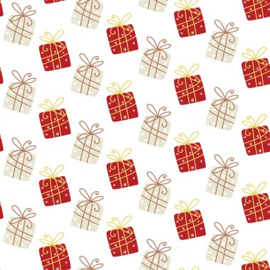 Hediye kutuları kusursuz. Kalpli ve kar taneli hediyeler. Pastel renklerde şenlikli bir arka plan. Vektör illüstrasyonu