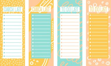 Pastel renklerde listeler yapmak ve kontrol etmek için şablonlar. Çizim stili ve el çizimi harfleri olan planlayıcı için soyut bir arkaplan. Vektör illüstrasyonu