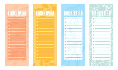 Liste yapmak ve listeyi pastel renklerle kontrol etmek için şablonlar. Yaprakları ve el çizimi harfleri olan bir planlamacı için botanik arka planı. Vektör illüstrasyonu
