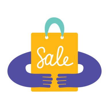 Satış poşeti ve soyut mor eller. Pazarlama, etiketler, afişler ve el ilanları için parlak modern minimalist illüstrasyon. Vektör illüstrasyonu