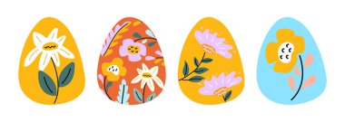 Çiçekli ve botanik desenli çok şirin Paskalya yumurtaları. Paskalya temalı çiçekler ve yapraklar. Kart, pankart, arka plan, el ilanı, etiket tasarımı için Paskalya yumurtaları. Vektör illüstrasyonu