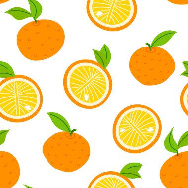 Portakallar ve turunçgiller. Çukurlar ve yapraklarla. Kusursuz yaz şablonu. Vektör illüstrasyonu