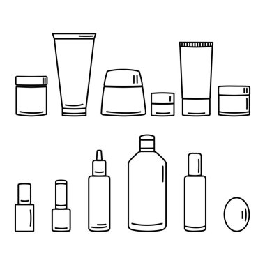Kozmetik şişelerinin ve bakım ürünlerinin çizgi simgeleri. Kozmetik paketi ince çizgi simgesi seti. Vektör illüstrasyonu