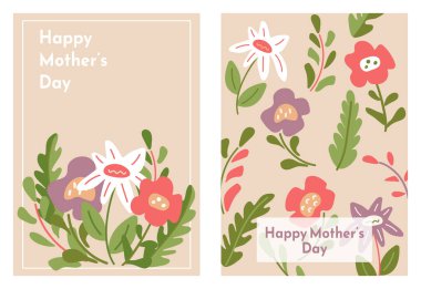Anneler Günün kutlu olsun. Çiçekli kartlar ya da karalama çiçekli ve yapraklı posterler. Vektör illüstrasyonu