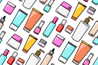 Kozmetik şişeleri dikişsiz çapraz desen. Sağlıklı cilt, saç ve vücut için güzellik ürünleri. Vektör illüstrasyonu