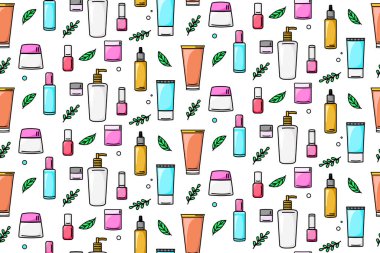 Kozmetik kusursuz desen. Kozmetik kavanozları, şişeler, şişeler, beyaz arka planda bitki elementleri. Vektör illüstrasyonu