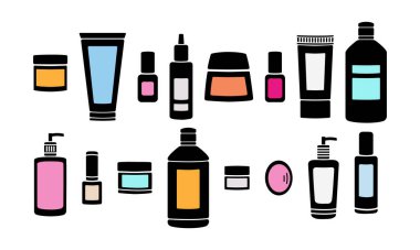Güzellik ürünleri şişeleri. Çok renkli eklentileri olan siyah siluet simgeleri. Clipart ayarlandı. Vektör illüstrasyonu