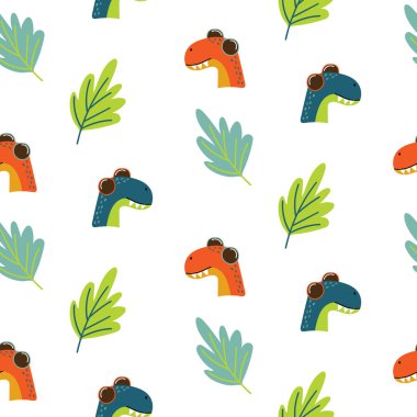 Güneş gözlüklü dinozor. Yaprakları ve dinazorları olan tropikal desenler. Çocuk tekstil ürünleri, kumaş, giysi, duvar kağıdı, kağıt, sırt çantası. Vektör illüstrasyonu