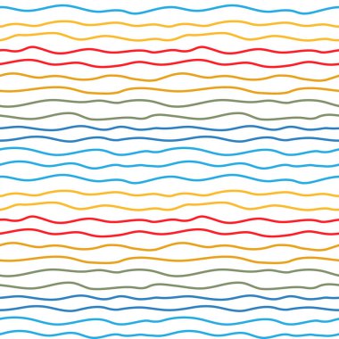 Dalgalı çizgilerin basit, pürüzsüz deseni. Dekorasyon, kumaş, tekstil ve kağıt için çok renkli gökkuşağı arka planı. Vektör illüstrasyonu