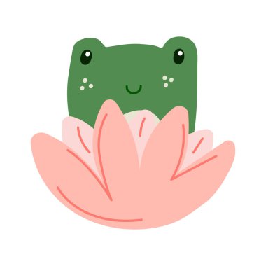 Kurbağa nilüfer çiçeğinin üzerinde oturuyor. Komik hayvan karakteri. Çocuk illüstrasyonları, baskılar, çıkartmalar için klip sanatı. Vektör illüstrasyonu