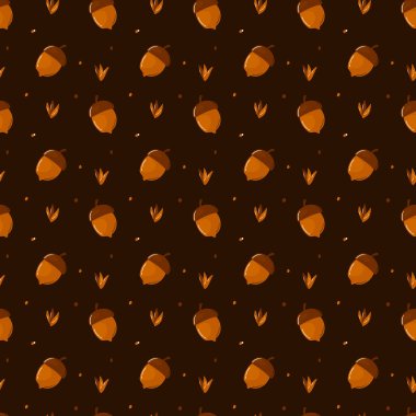 Güzel meşe palamutları ve dikişsiz bir desen içinde sonbahar otları. Koyu kahverengi arka planda mevsimsel eğlence deseni. Vektör illüstrasyonu