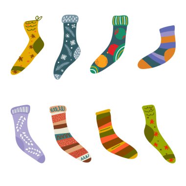 Renkli Noel seti ve çizgili çizgili çizgili çoraplar. Kış modası kıyafetleri. Vektör illüstrasyonu