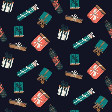 Fiyonklu eski hediye kutuları. Tatil modasına uygun, koyu bir arka planda kusursuz bir hediye. Vektör illüstrasyonu