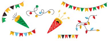 Parti patlatıcıları, renkli bayraklar ve sicim ışıkları gibi neşeli unsurları içeren vektör illüstrasyonu. Bu kutlama tasarımı parlak renkler kullanır, tatil ve parti temaları için idealdir..