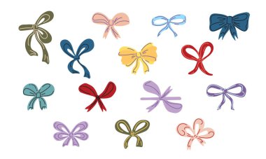 Değişik şekil ve stillerde renkli bir hediye seti. Koleksiyonda kırmızı, mavi, yeşil, sarı, mor ve pembe renkte fiyonklar var. Vektör illüstrasyonu