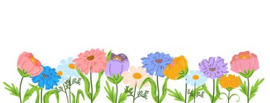 Açık mavi arka planda pembe ve sarı çayır çiçekleriyle narin bir çiçek arkaplanı var. Üzerinde yazı için oval alan var. Bahar pankartı, davetiyeler ya da tasarım projeleri. Vektör illüstrasyonu