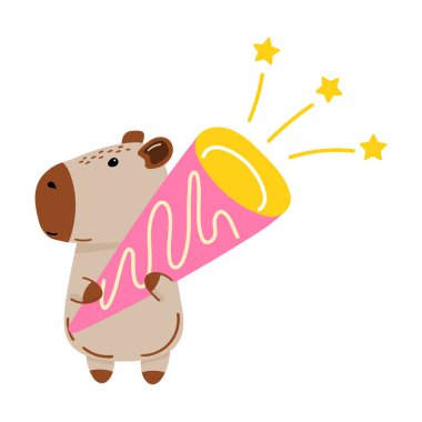 Cute capybara holding party popper. For celebration-themed designs, birthday cards, festive invitations, social media posts, or playful decoration projects. Vector illustration clipart