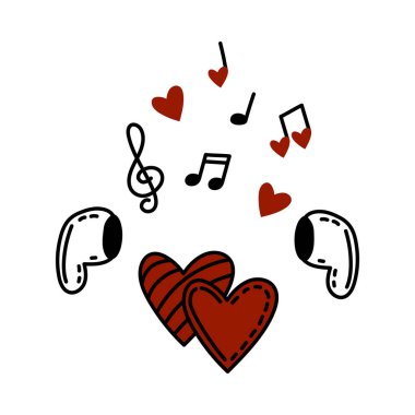 Kalpler, müzik notaları ve kulaklıklar karalama çizimleri. Sevgililer Günü tasarımı, müzik listesi, romantik müzik projesi ya da aşk ve melodileri kutlayan promosyon malzemeleri için. Aşık kalpler şarkı söyler. Vektör illüstrasyonu