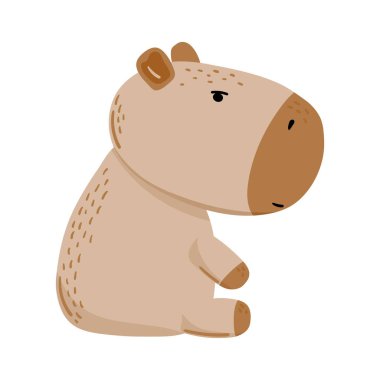 Sakin bir ifadeyle oturan sevimli bir Capybara. Çocuk kitapları, çıkartmalar, kartlar ya da hayvan temalı tasarımlar için mükemmel. Vektör illüstrasyonu