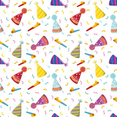 Renkli parti şapkaları, fönler ve konfeti içeren şenliksiz şenlikler. Paket kağıdı, doğum günü davetiyesi, dekorasyon ya da dijital arka plan için ideal. Vektör illüstrasyonu