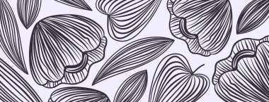 Zarif siyah-beyaz çizgili sanat çiçekleri çizimi. Çiçekler ve yapraklar kapanıyor. Botanik afişi. Vektör illüstrasyonu