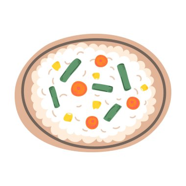Sebzeli risotto, havuç, fasulye ve mısır. Yemek kitapları, yemek blogları, restoran menüleri veya besinle ilgili malzemeler için vektör illüstrasyonu.