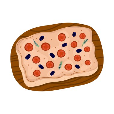 Domates, zeytin ve biberiyeli Focaccia ekmeği. İtalyan mutfağı. Yemek blogları, menü tasarımları, yemek tarifi kitapları ya da mutfak projeleri için. Vektör illüstrasyonu