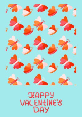 Açık mavi arkaplanda turuncu ve pembe kelebek desenli Sevgililer Günü kartı ve Sevgililer Günü mesajı. Tebrik kartları ya da şenlikli süslemeler için ideal. Vektör illüstrasyonu
