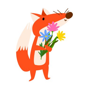 Çiçek tutan şirin tilki. Çocuk kitapları, bahar temalı tasarımlar veya vahşi yaşam ve doğa ile ilgili eğitim materyalleri için. Vektör illüstrasyonu