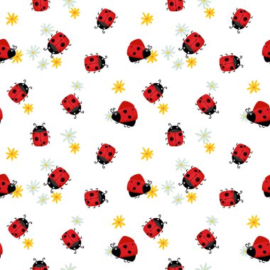 Papatyaları olmayan uğur böcekleri. Bahar temalı tekstil, duvar kâğıtları ya da kırtasiye tasarımı için. Vektör illüstrasyonu