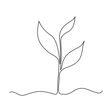 Minimalist bir çizgi, yerden büyüyen genç filiz. Vektör illüstrasyonu