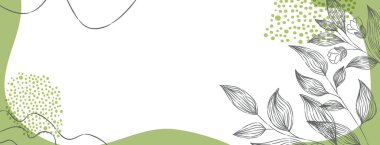 El yapımı yaprakları ve çiçekleri olan botanik çiçekleri. Yeşil ve beyaz renkler taze, doğal bir görünüm yaratır. Yumuşak, zarif tasarım davetiyeler veya sunumlar için idealdir. Vektör illüstrasyonu